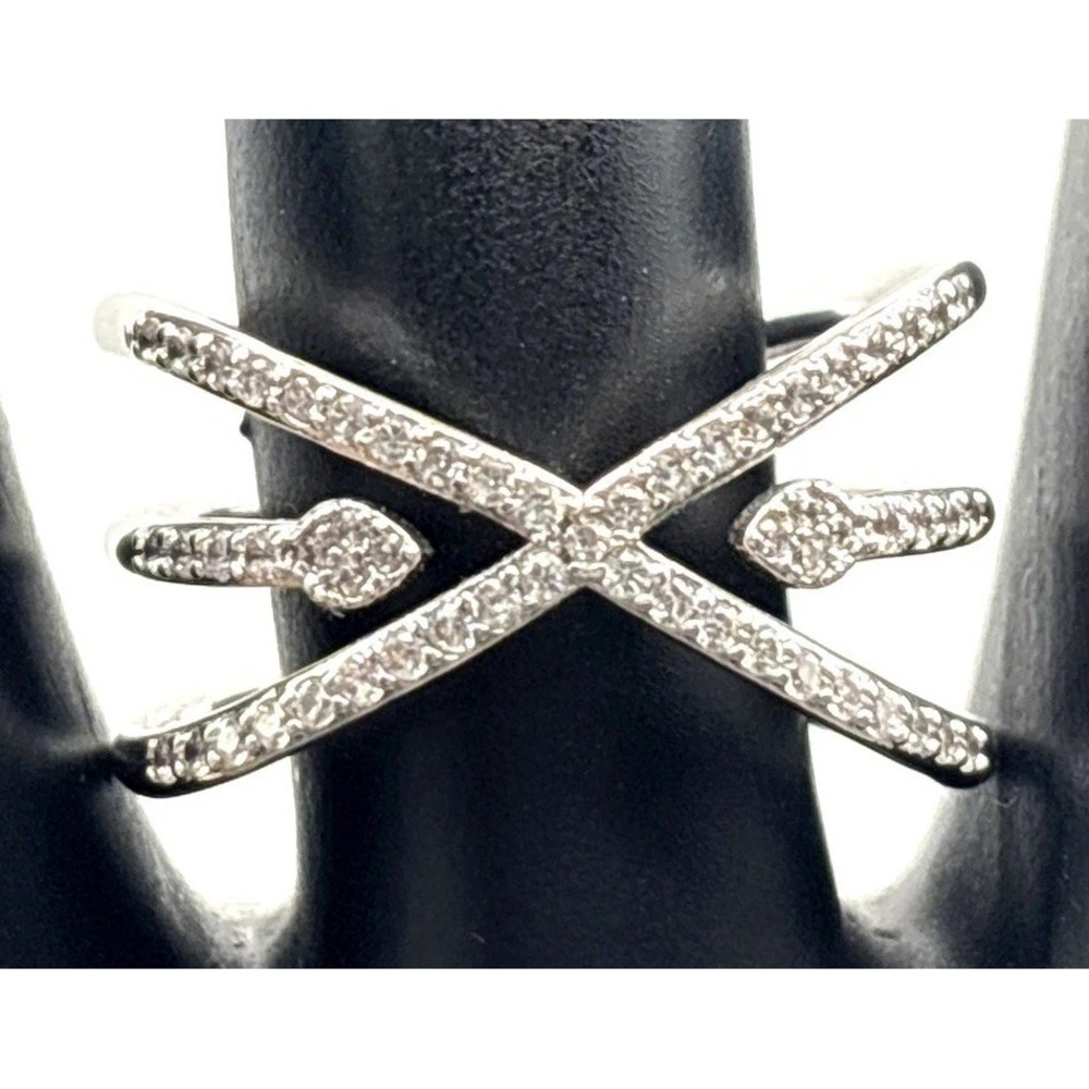 Bomb Party Silver Criss Cross X Ring Pave Crystal Statement Silver Tone Size 11